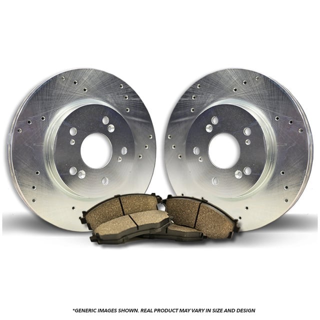REAR Brake Kit | 2 Silver Coated Cross-Drilled Anti-Rust Brake Rotors & 4 Ceramic Brake Pads