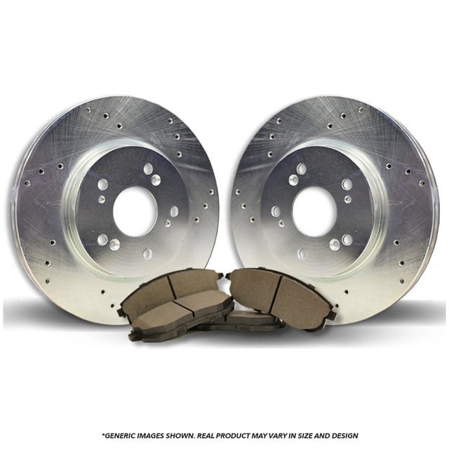 FRONT Brake Kit | 2 Silver Coated Cross-Drilled Anti-Rust Brake Rotors & 4 Semi-Metallic Brake Pads