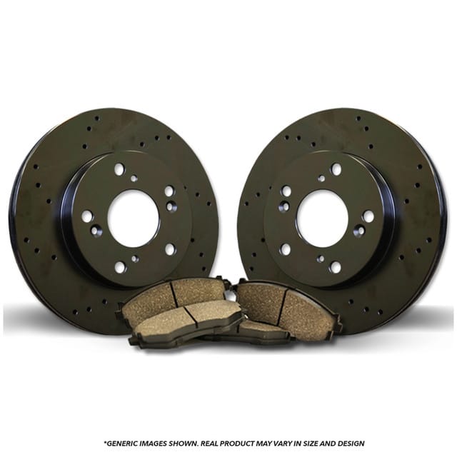 REAR Brake Kit | 2 Black Coated Cross-Drilled Anti-Rust Brake Rotors & 4 Ceramic Brake Pads