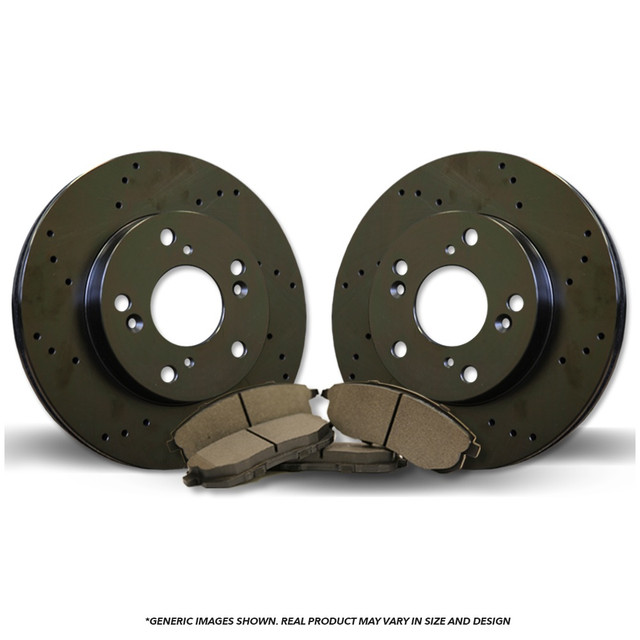 FRONT Brake Kit | 2 Black Coated Cross-Drilled Anti-Rust Brake Rotors & 4 Semi-Metallic Brake Pads