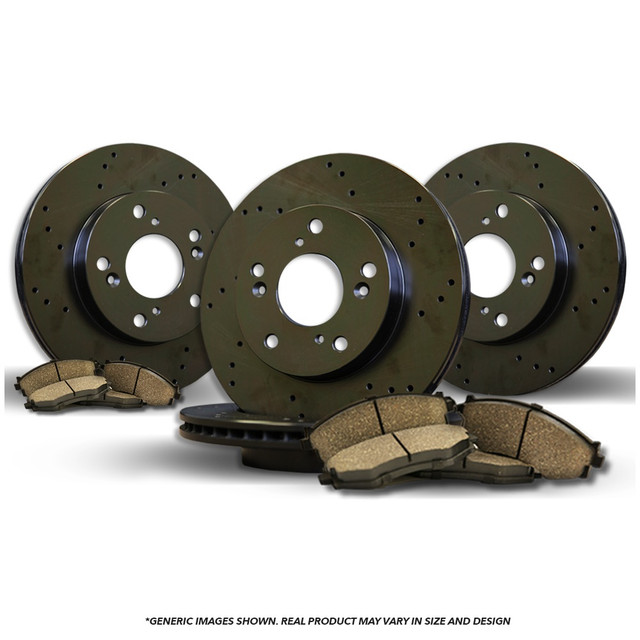 FRONT + REAR Brake Kit | 4 Black Coated Cross-Drilled Anti-Rust Brake Rotors & 8 Ceramic Brake Pads