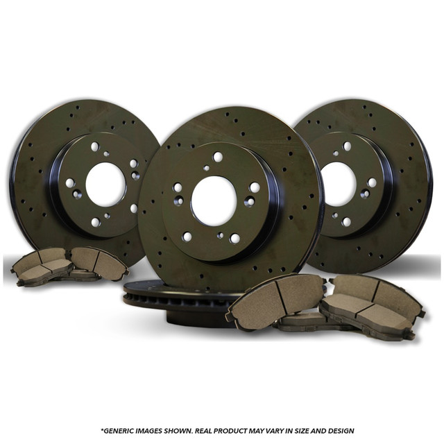 FRONT + REAR Brake Kit | 4 Black Coated Cross-Drilled Anti-Rust Brake Rotors & 8 Semi-Metallic Brake Pads
